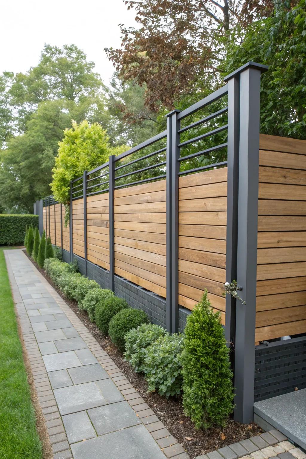 Create a unique look with a fusion of wood and metal elements in your fence design.