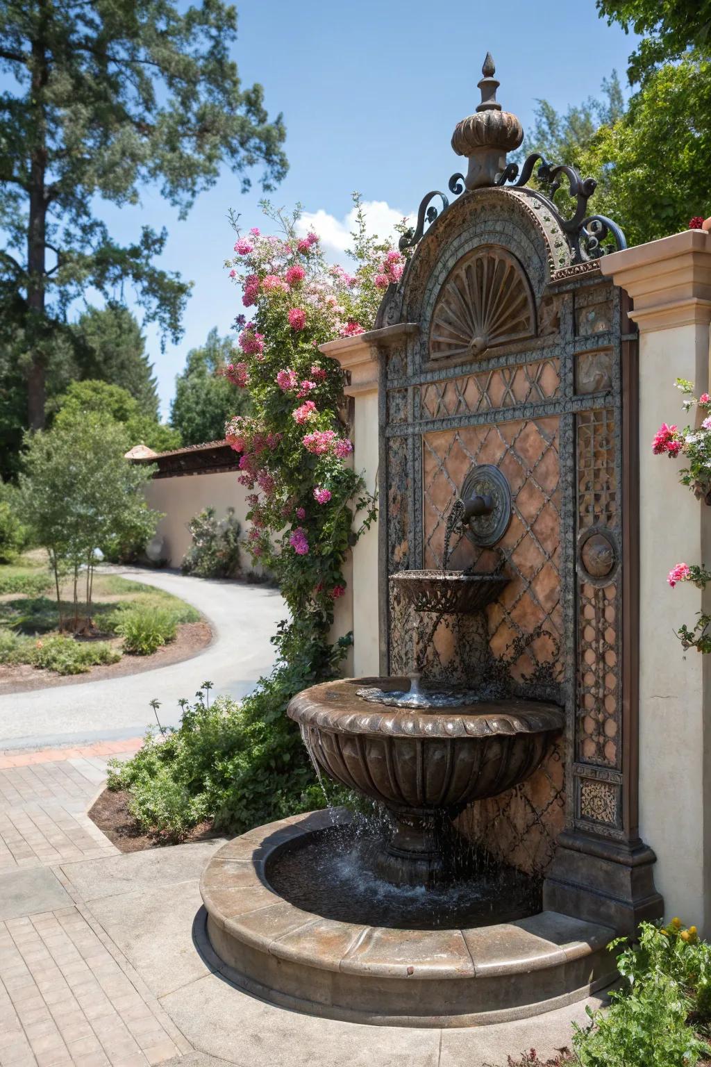 Intricate metalwork brings a unique flair to this wall fountain.