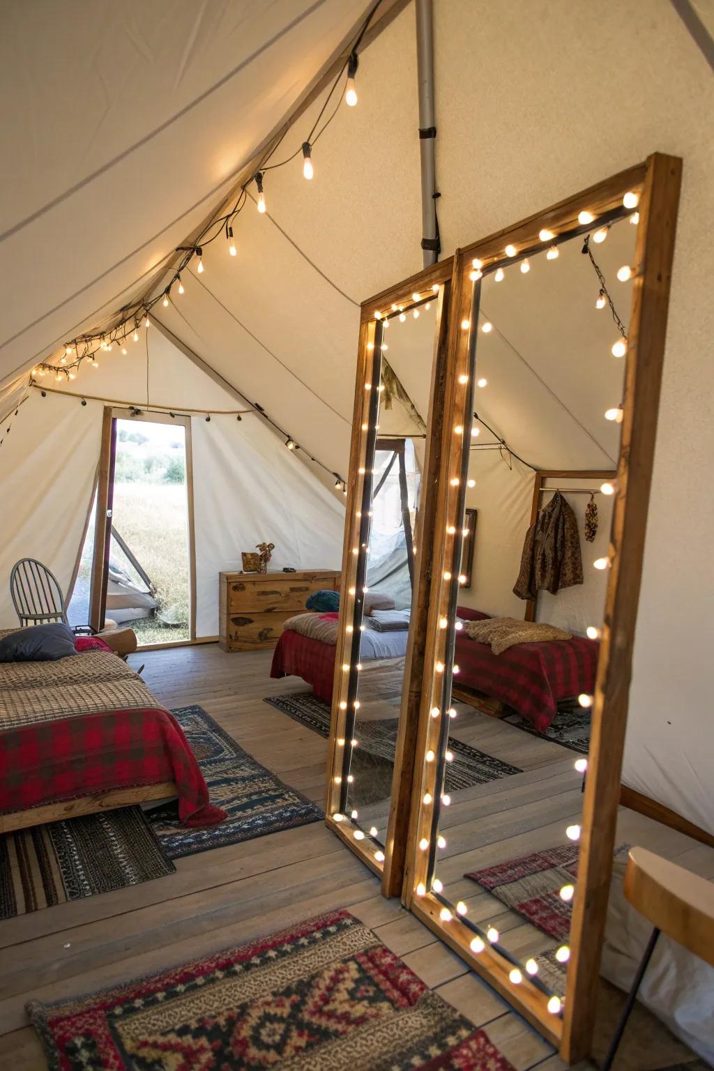 Mirrors reflect light, adding brightness and a sense of space to this wall tent.