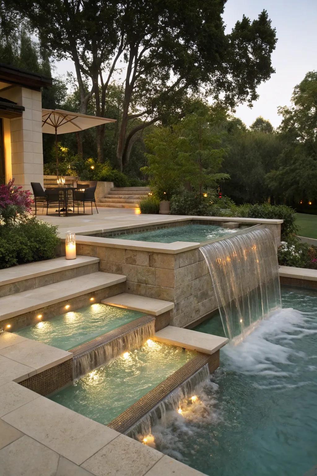 Cascading spa steps provide an elegant connection between spa and pool.
