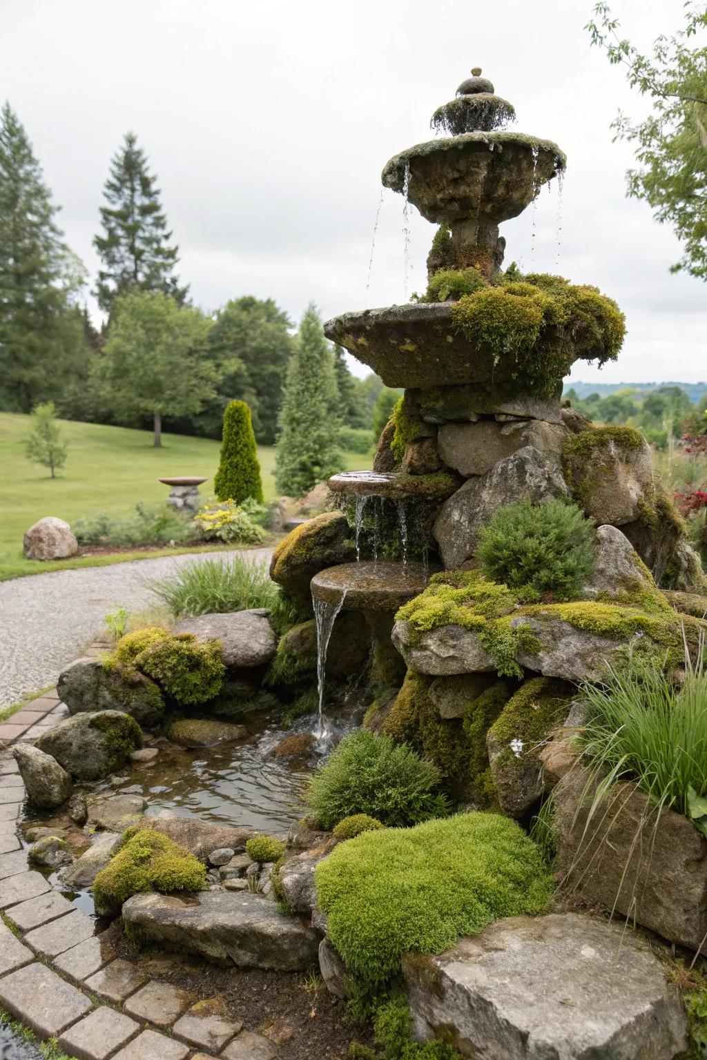 A rock fountain with moss accents offers a timeless, natural beauty.