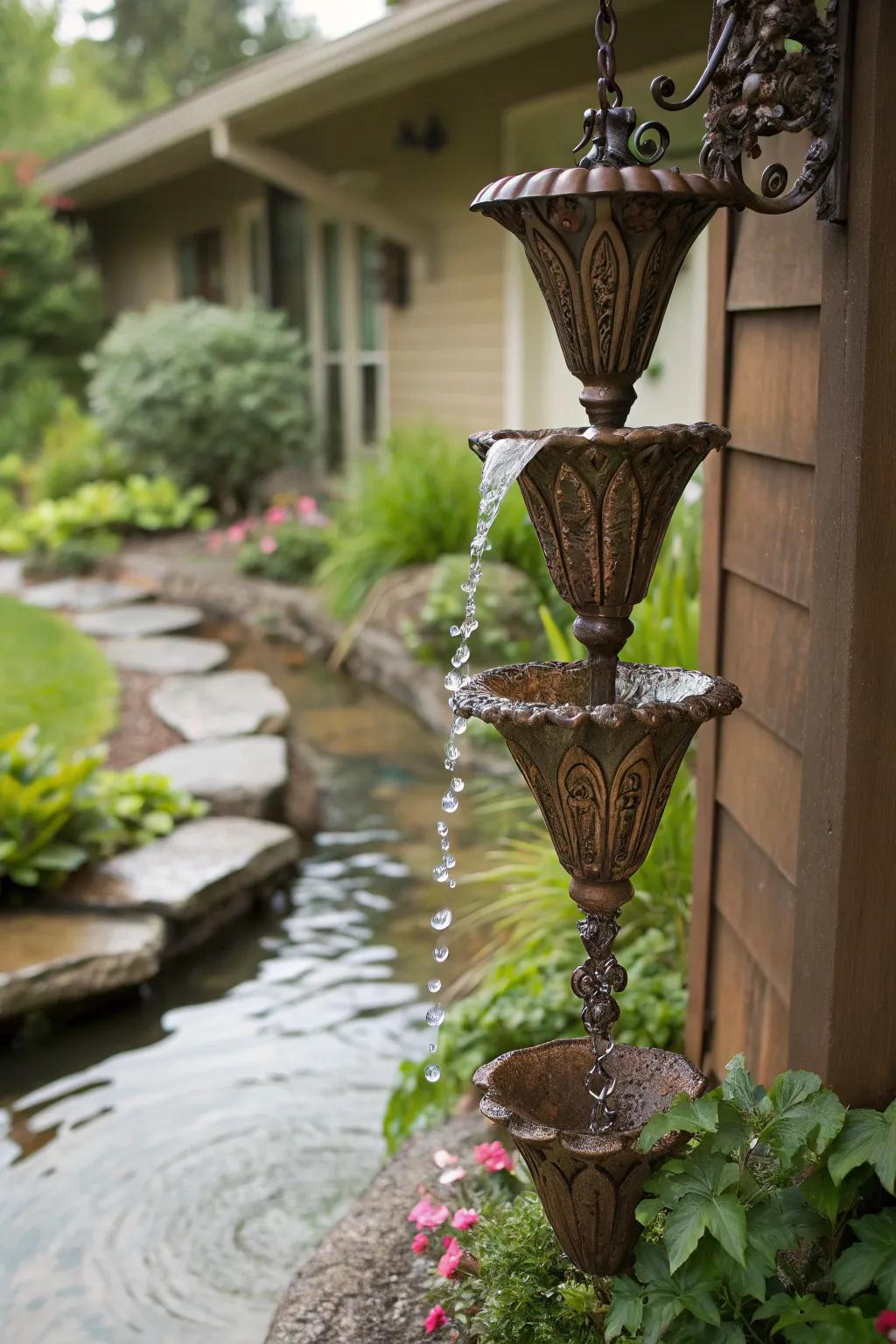 A rain chain channels water creatively, adding dynamic movement to the garden.