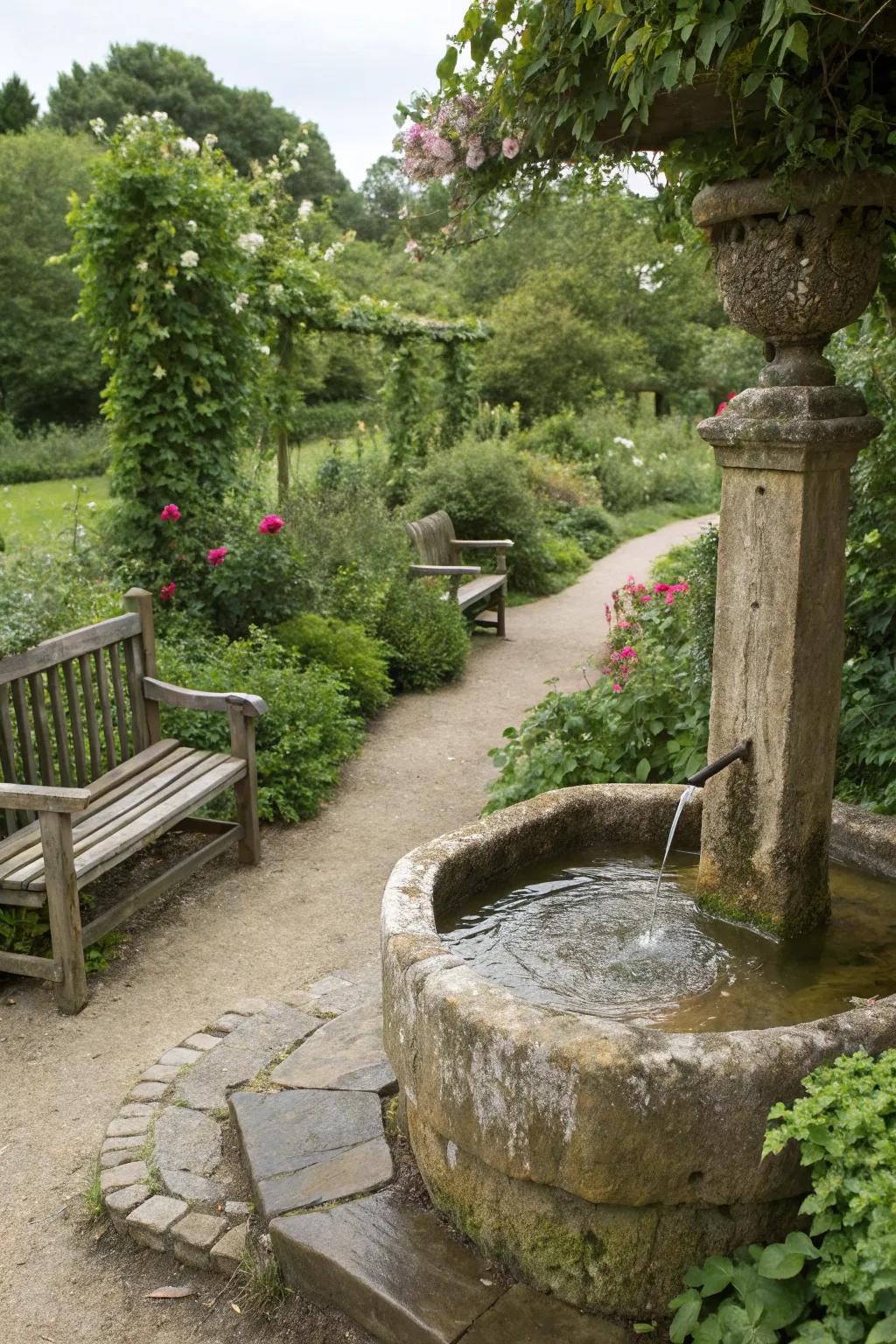 A stone trough fountain blending with its natural surroundings.