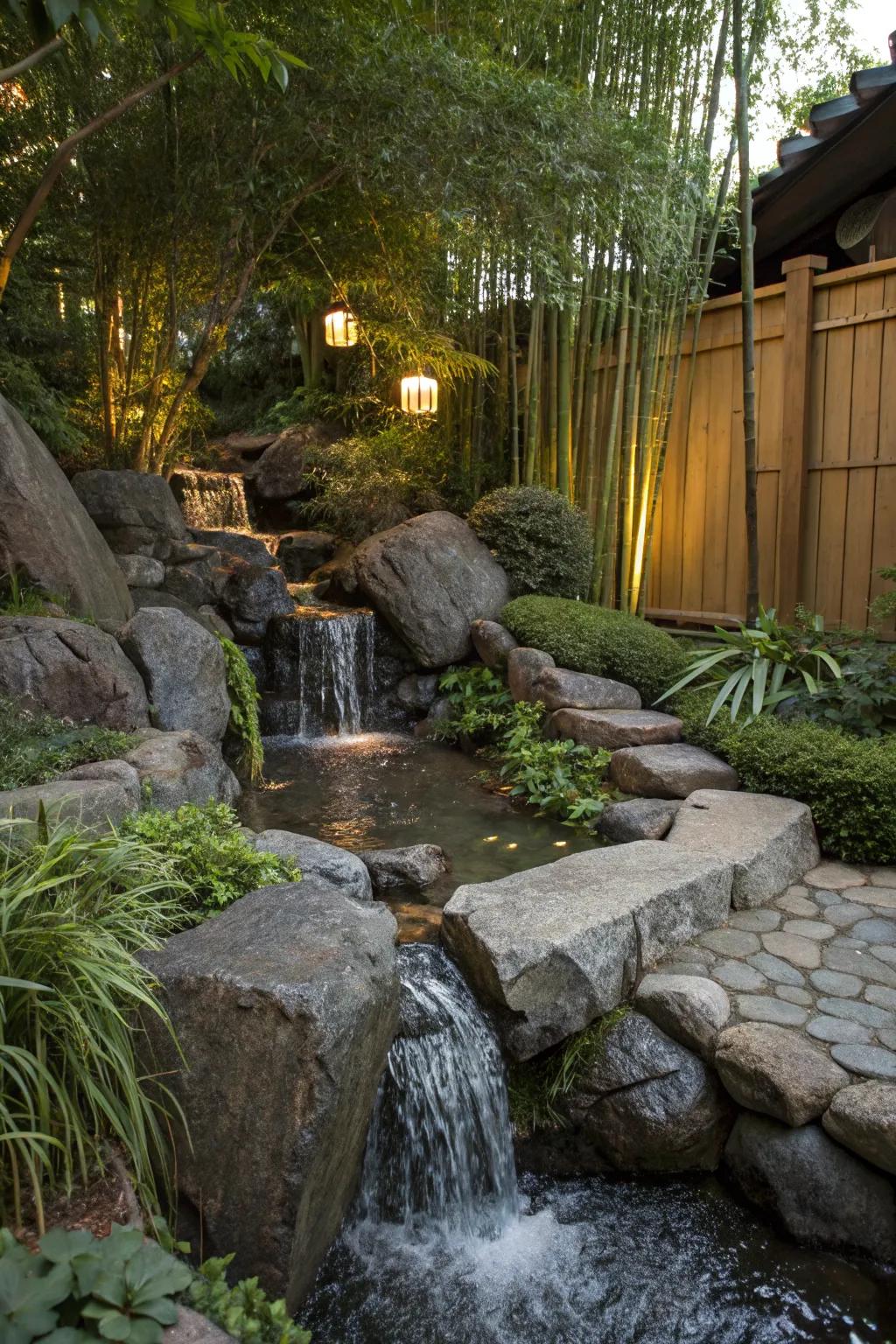 A Japanese-inspired spillway that fosters a tranquil and meditative garden atmosphere.