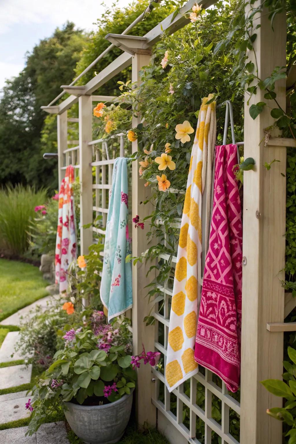 Decorative trellis with hooks for towel storage.