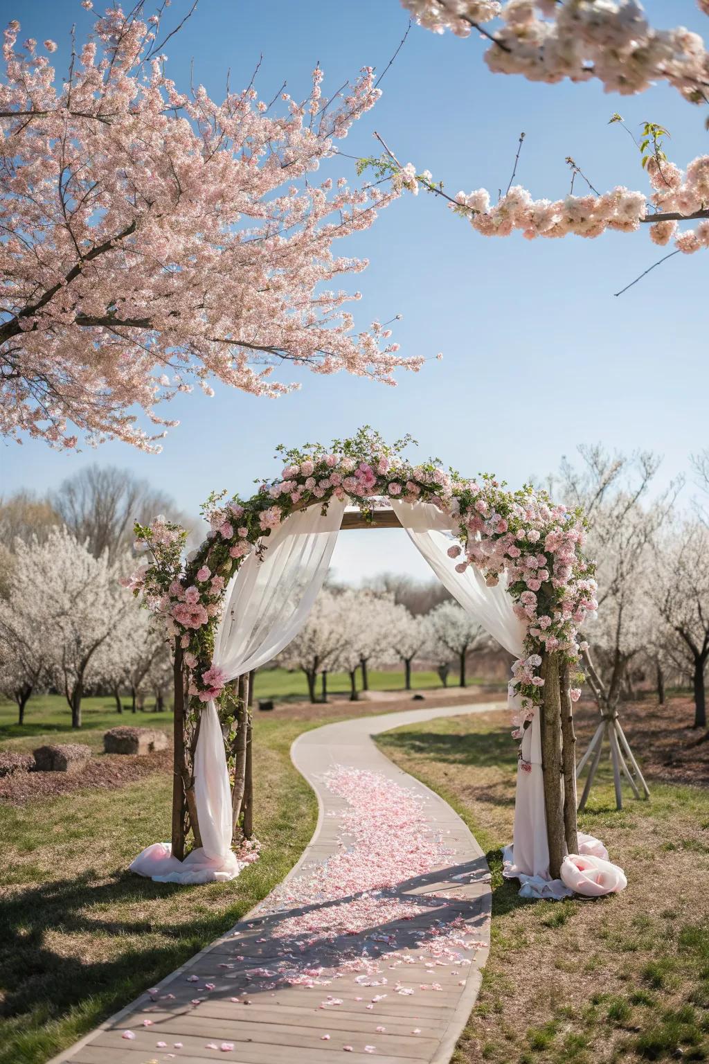 A cherry blossom arch offering a dreamy and romantic touch with its soft pink hues.