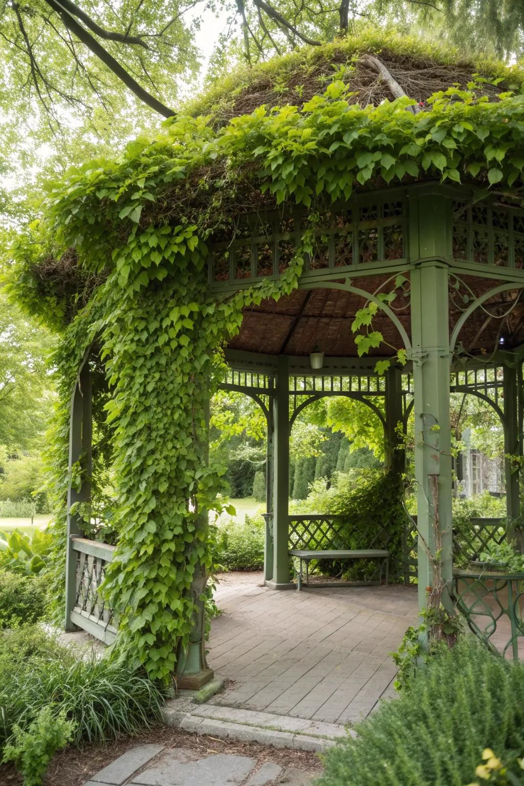 Vines and trellises create beautiful, living art for your gazebo.