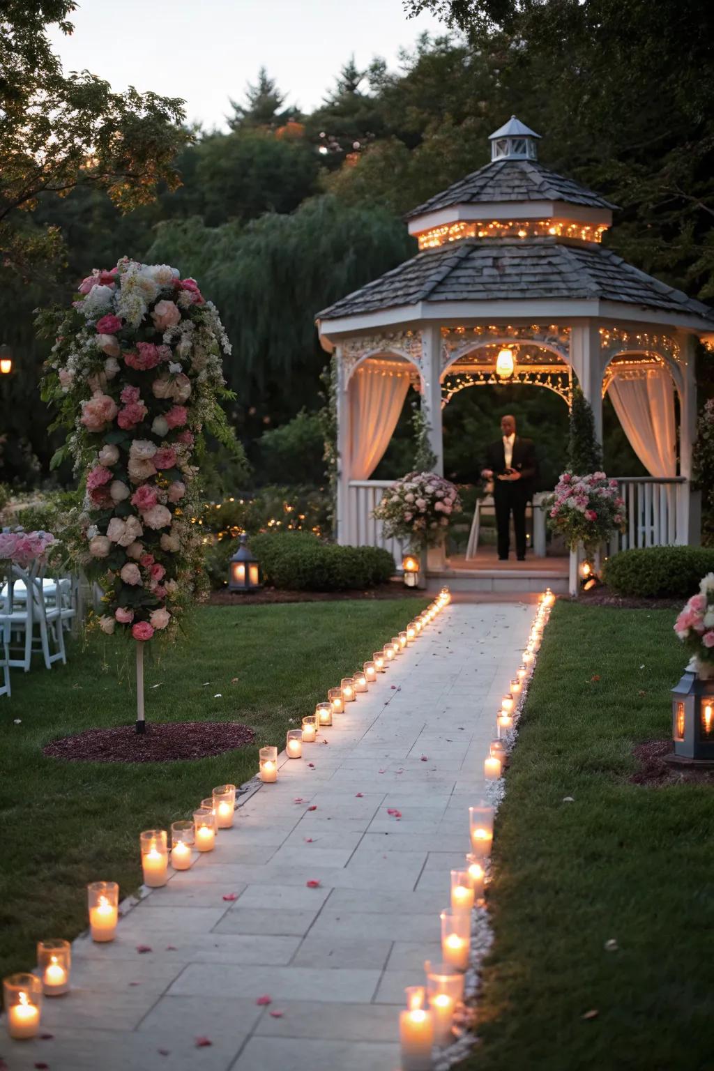 Candles light the way to this enchanting gazebo.