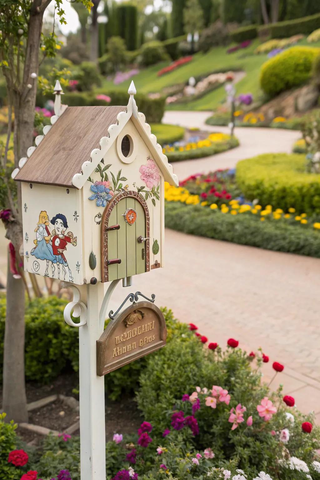 A whimsical garden sign with fairy tale elements, creating a magical and inviting atmosphere.