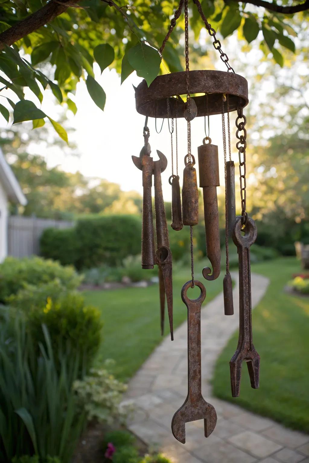 A tool wind chime brings sound and charm.