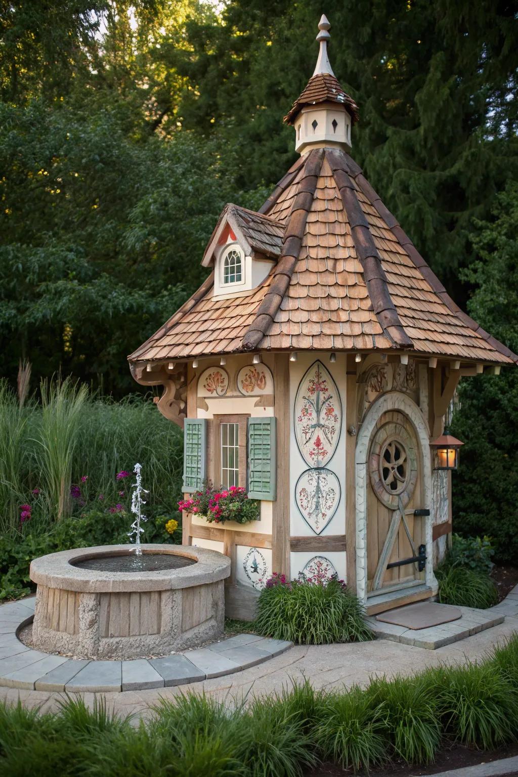 Step into a fairy tale with this enchanting well pump house, a perfect blend of craftsmanship and whimsy.