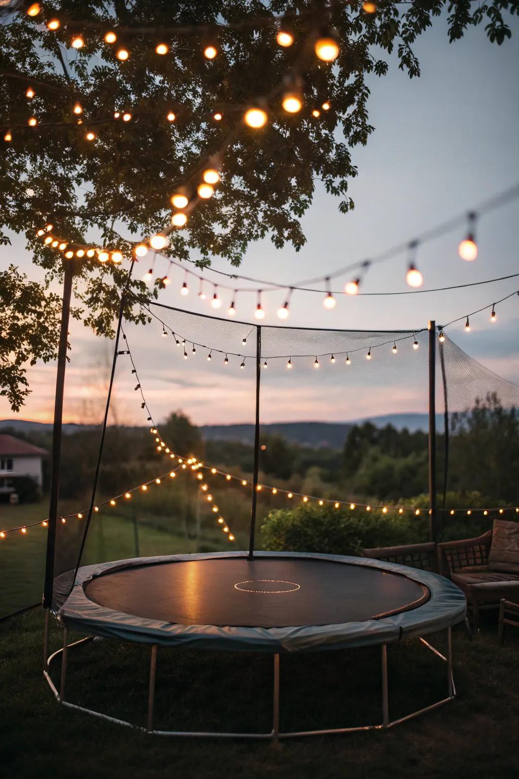 String lights create a magical evening setting around the trampoline.