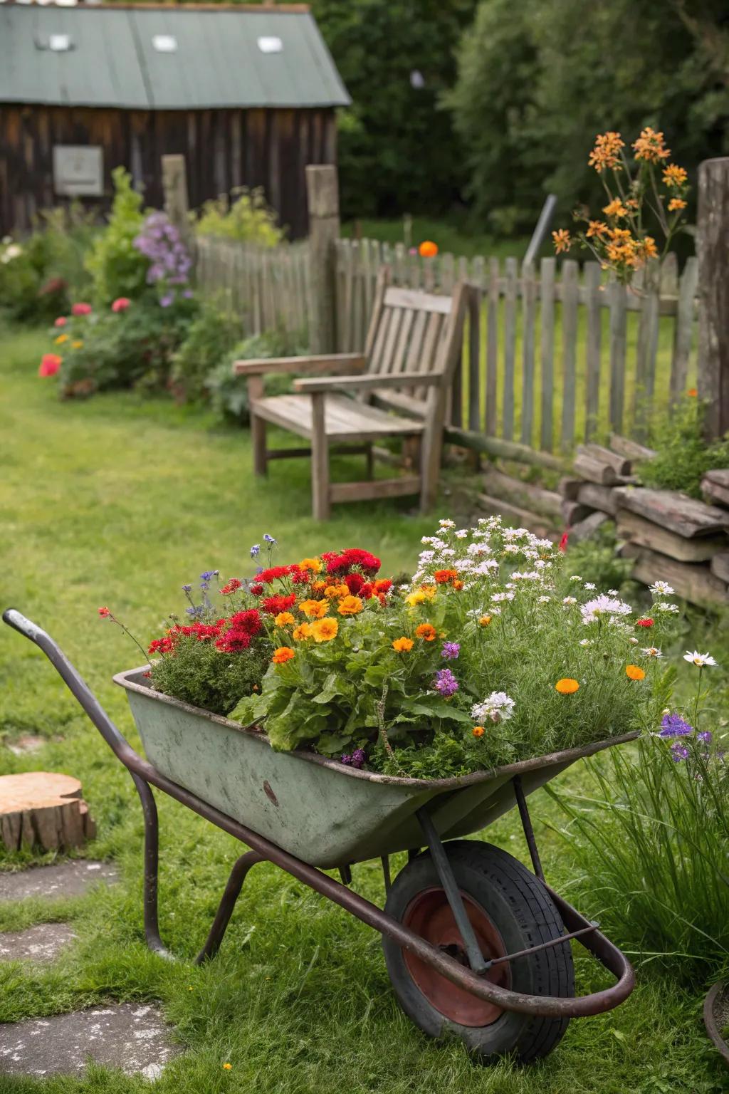Nature's untamed beauty in a cottage-style wheelbarrow garden.