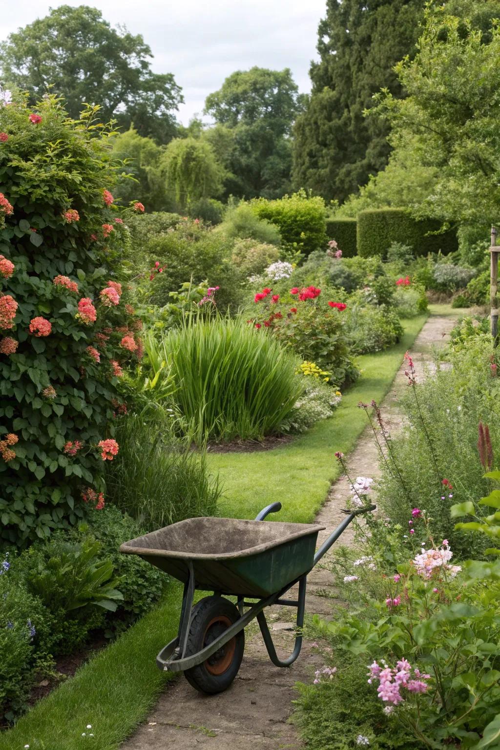 Hidden compartments provide discreet storage for garden tools.