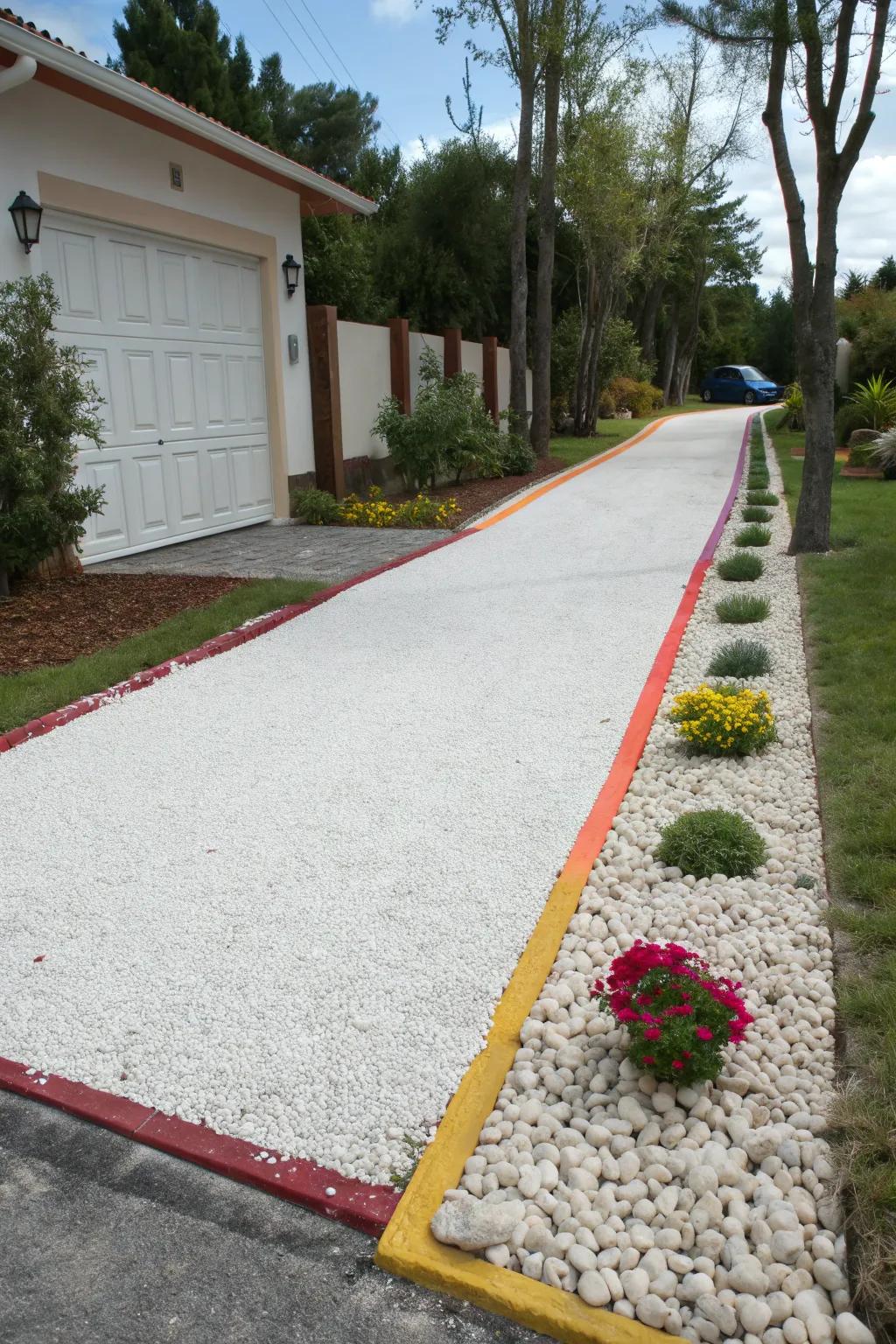 Creative colored borders on a white gravel driveway.