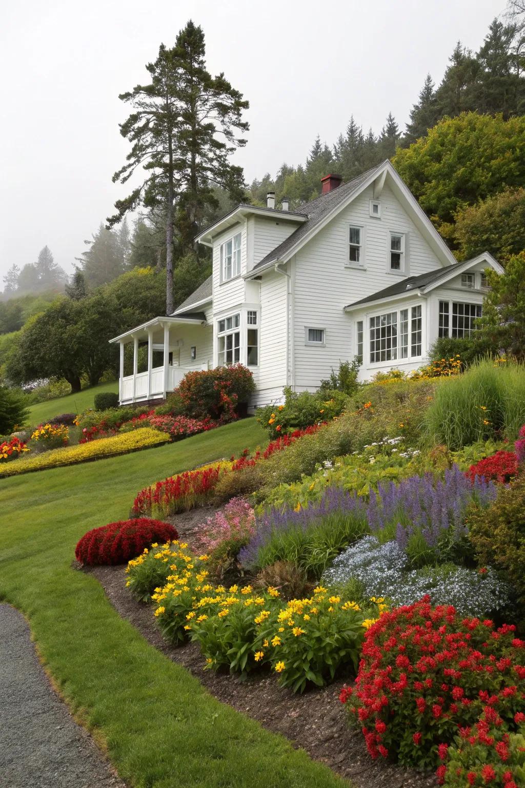A white home with vibrant landscaping, enhancing curb appeal and visual interest.