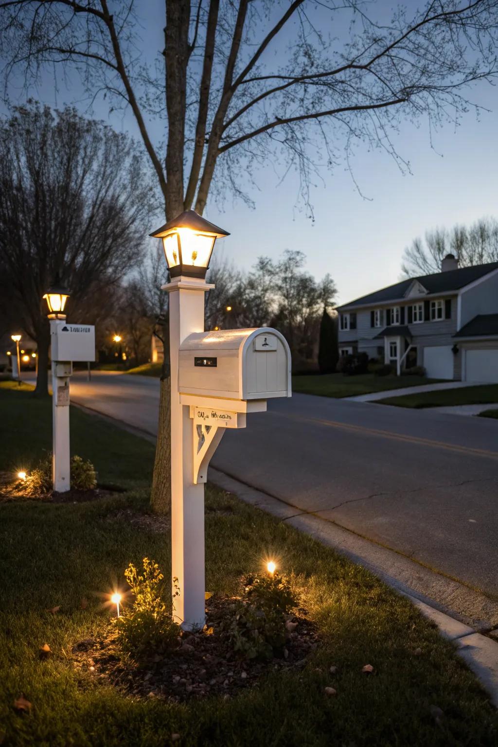 A white mailbox with solar-powered lights illuminates the path with a magical glow.