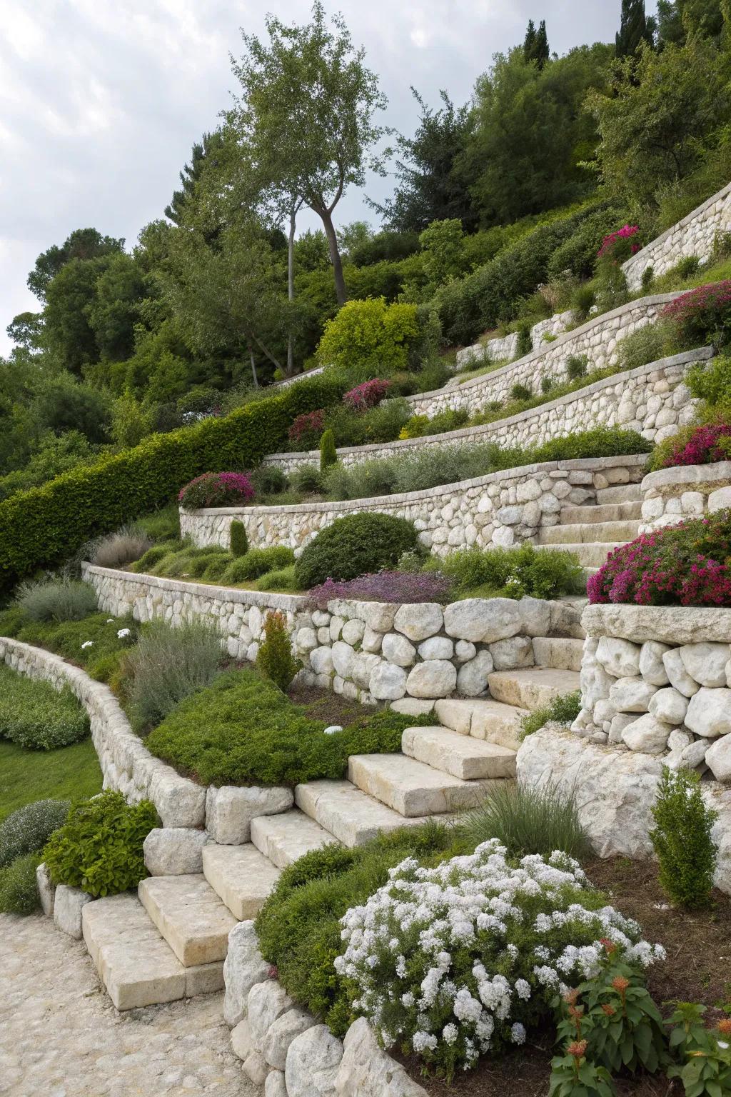 Add depth with tiered white marble terraces.