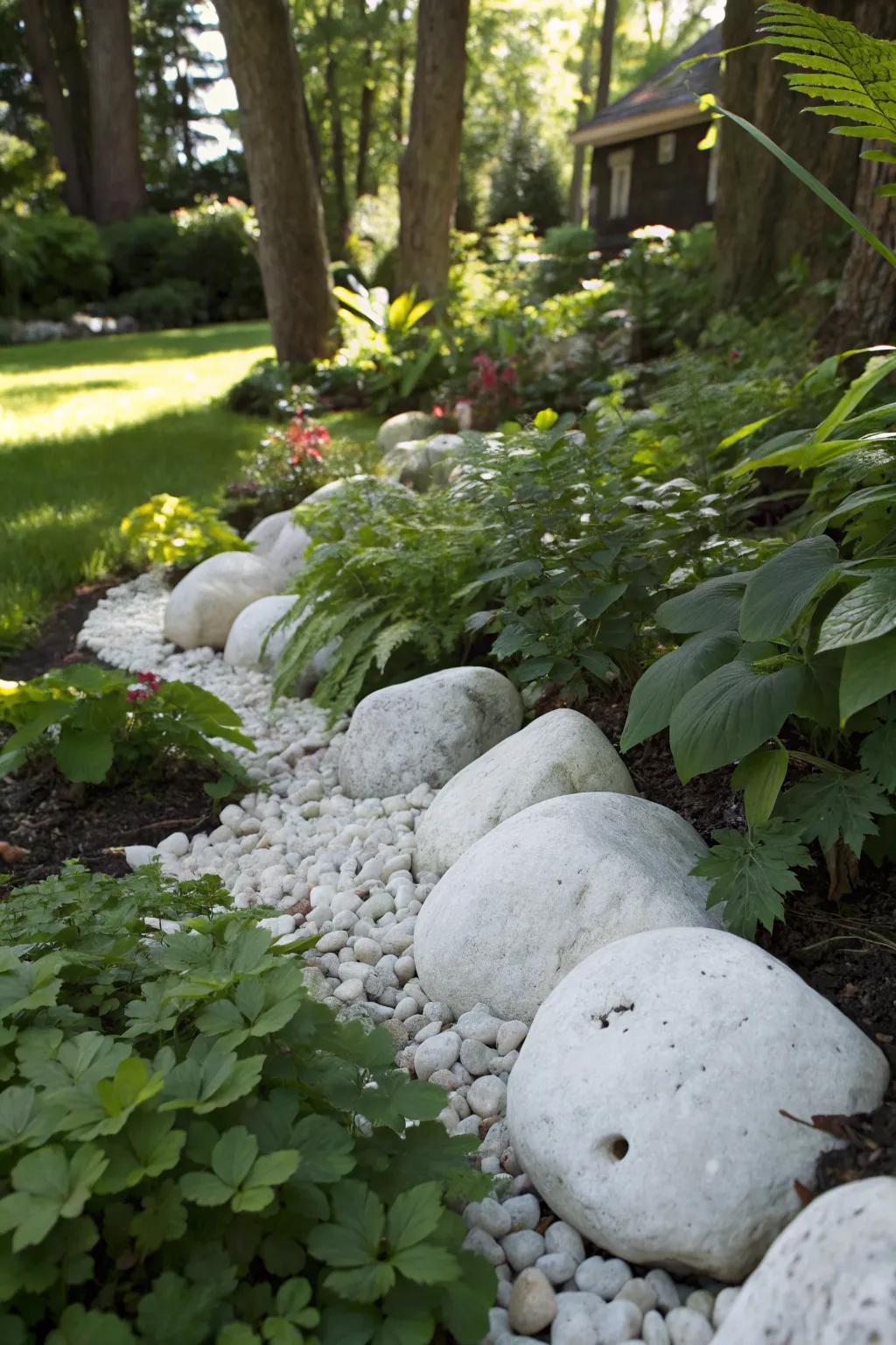 White rocks bringing light into a shade garden.