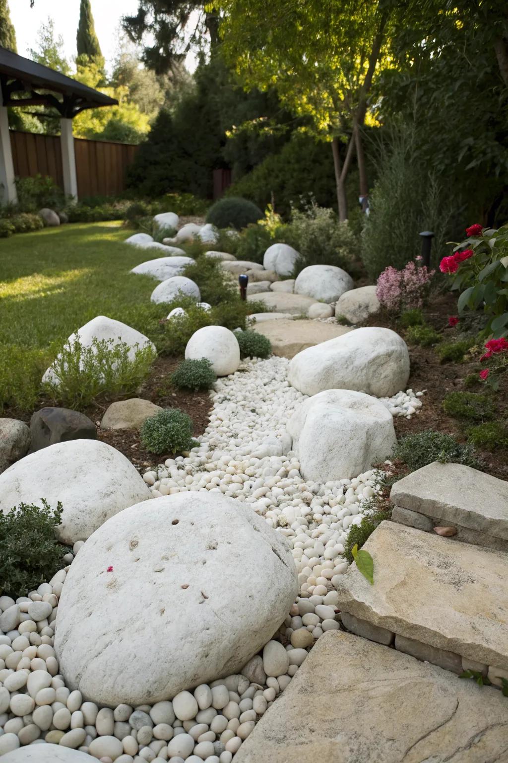 Create depth with a mix of different sized white rocks.