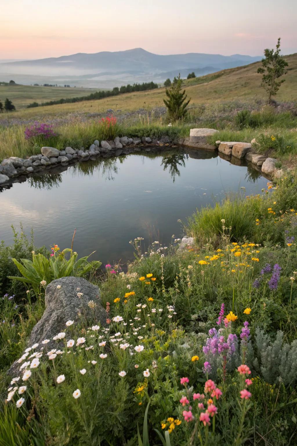 A tranquil oasis of water and wildflowers.
