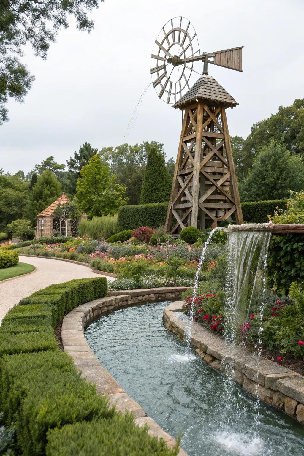 Tranquil windmill water feature enhancing outdoor serenity.