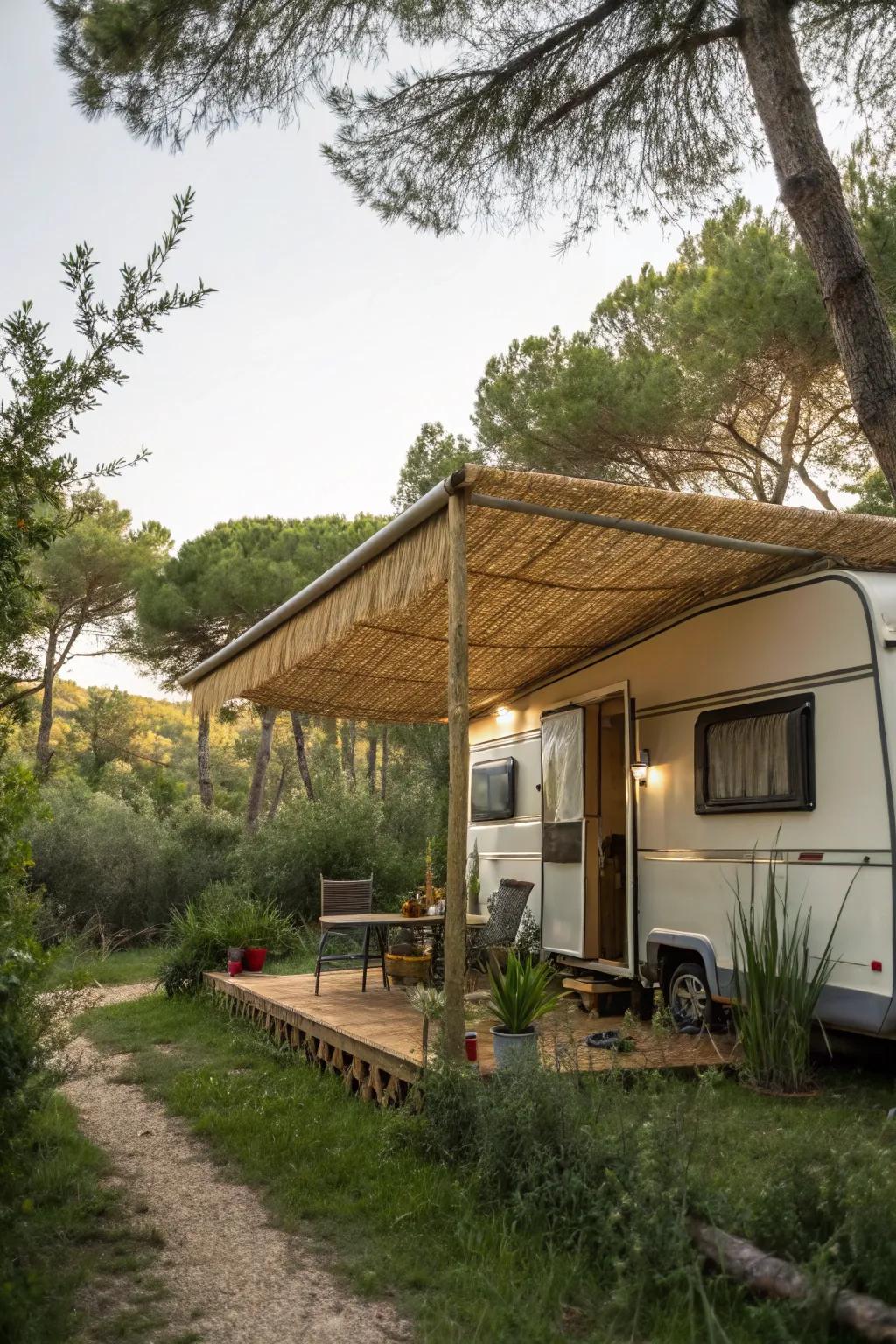 A natural reed awning offering an eco-friendly and charming shade option.