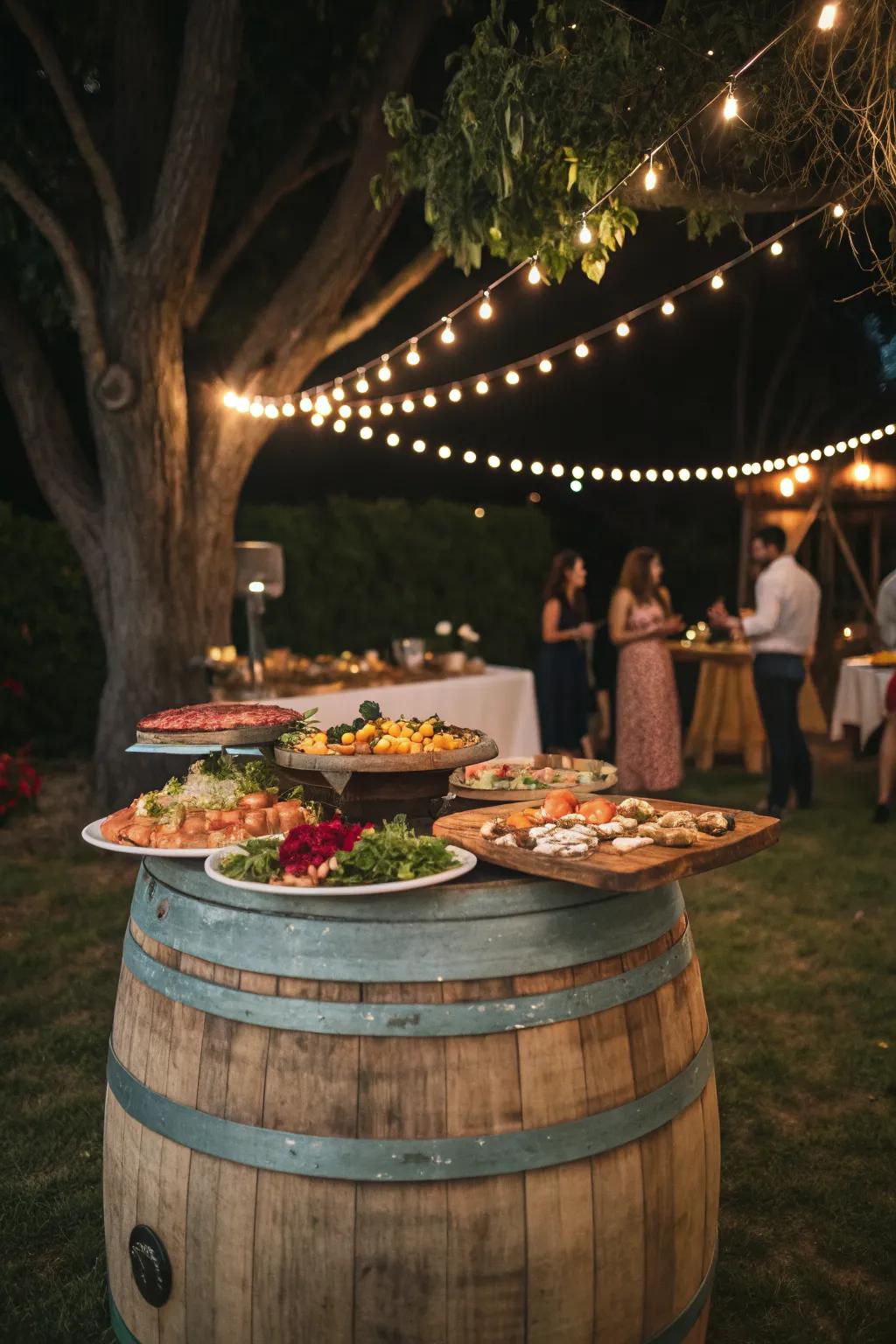 Host with ease using a wine barrel buffet table.