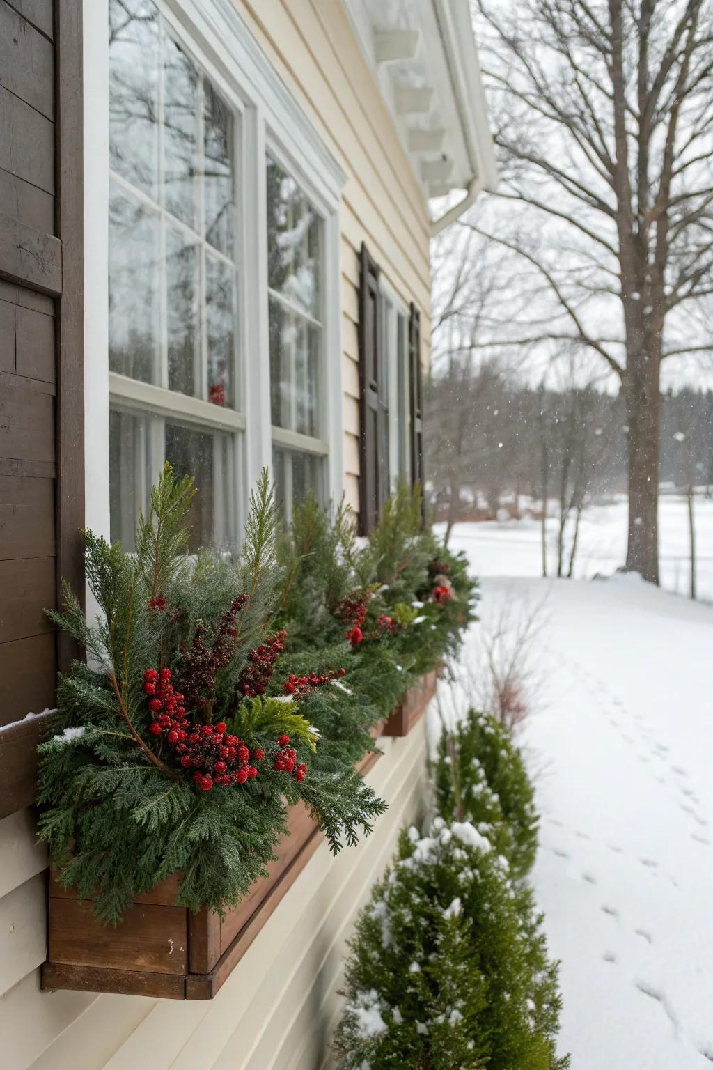 Charming window boxes filled with evergreens, adding life to the home.