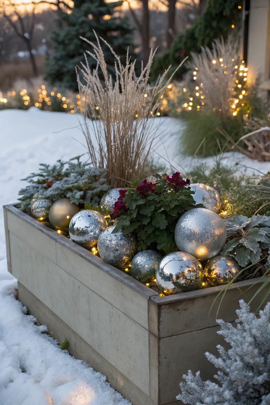 Reflective surfaces play with light to enhance winter displays.