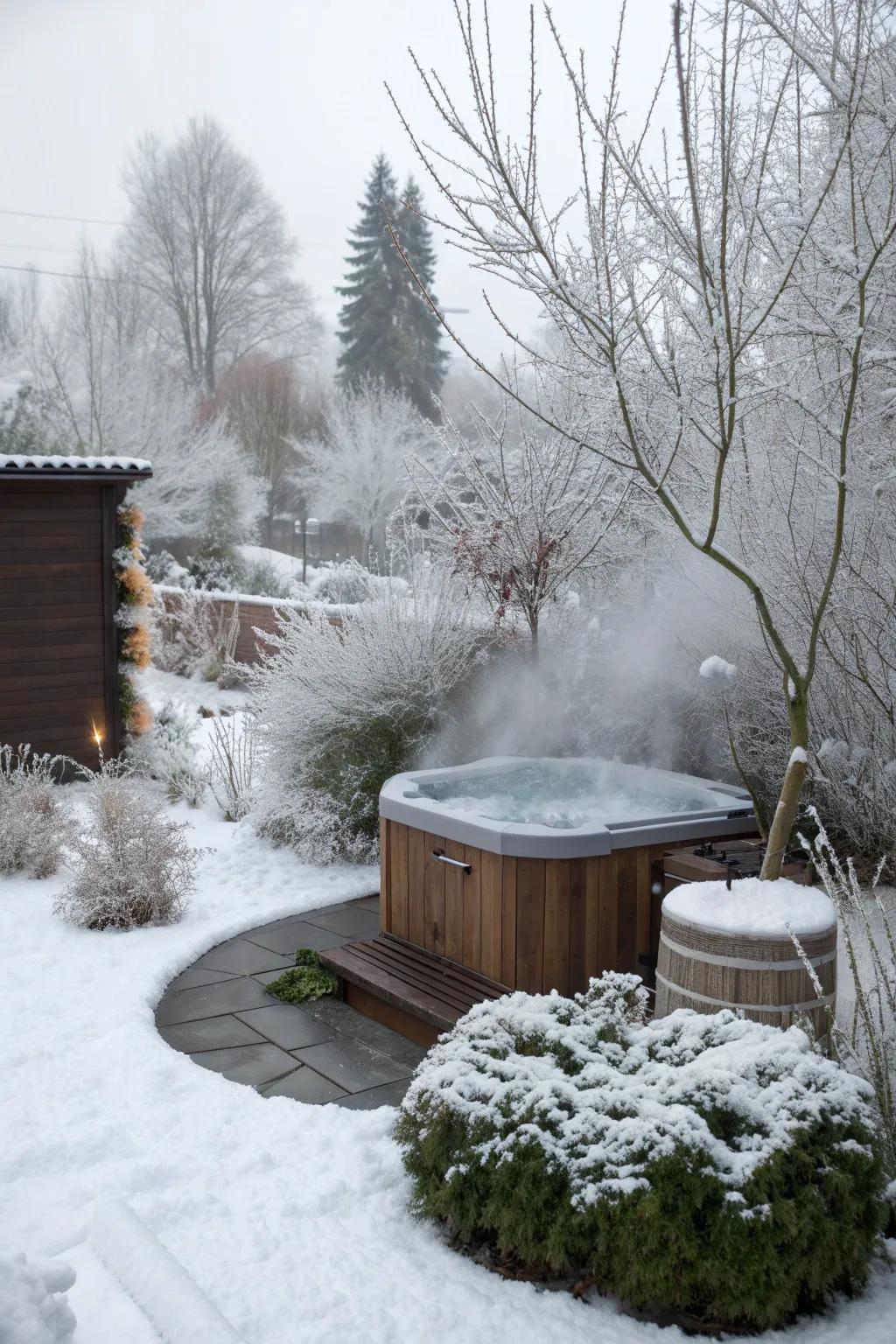 A hot tub offers a luxurious way to enjoy the winter outdoors.