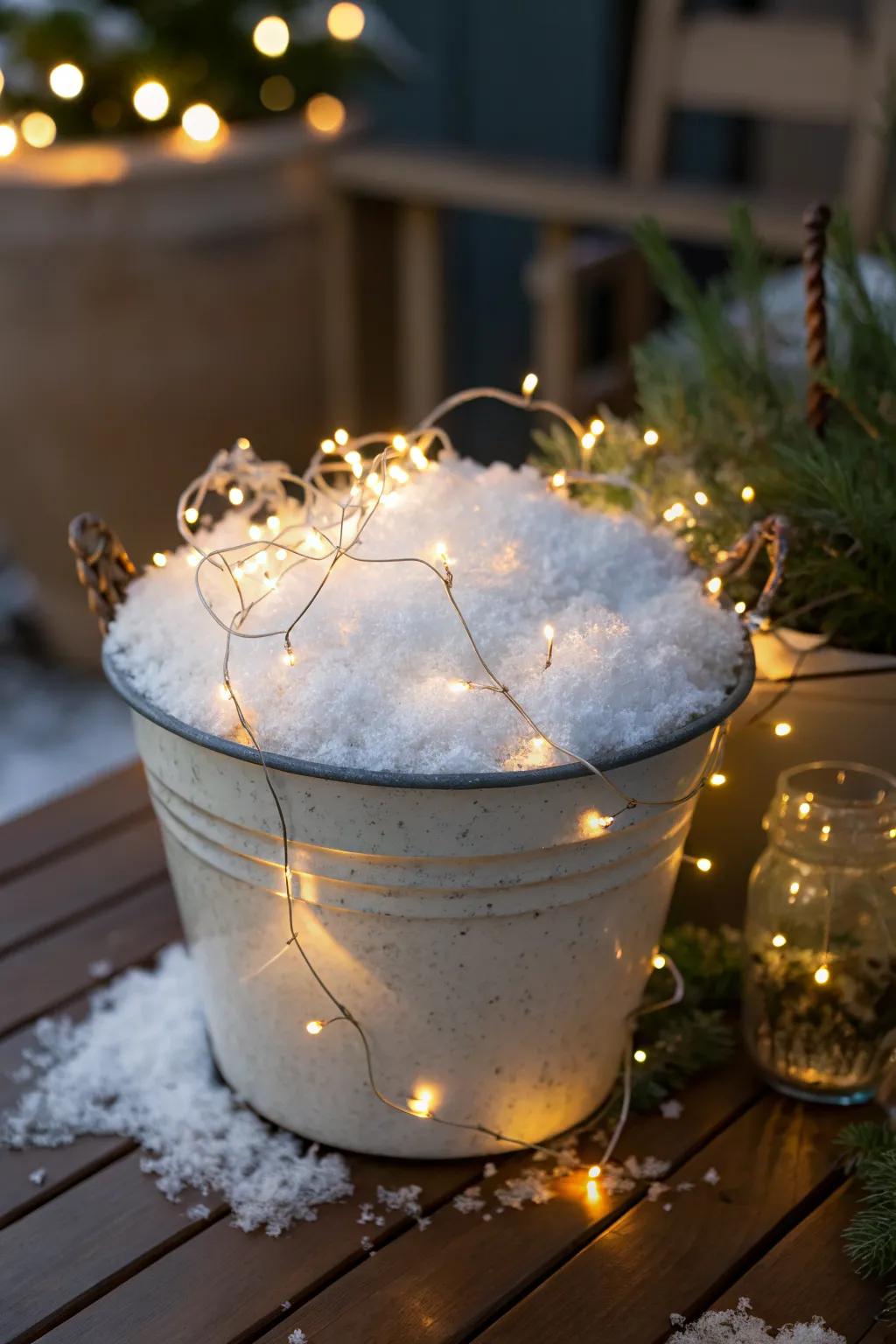 Faux snow and fairy lights create a magical winter wonderland.
