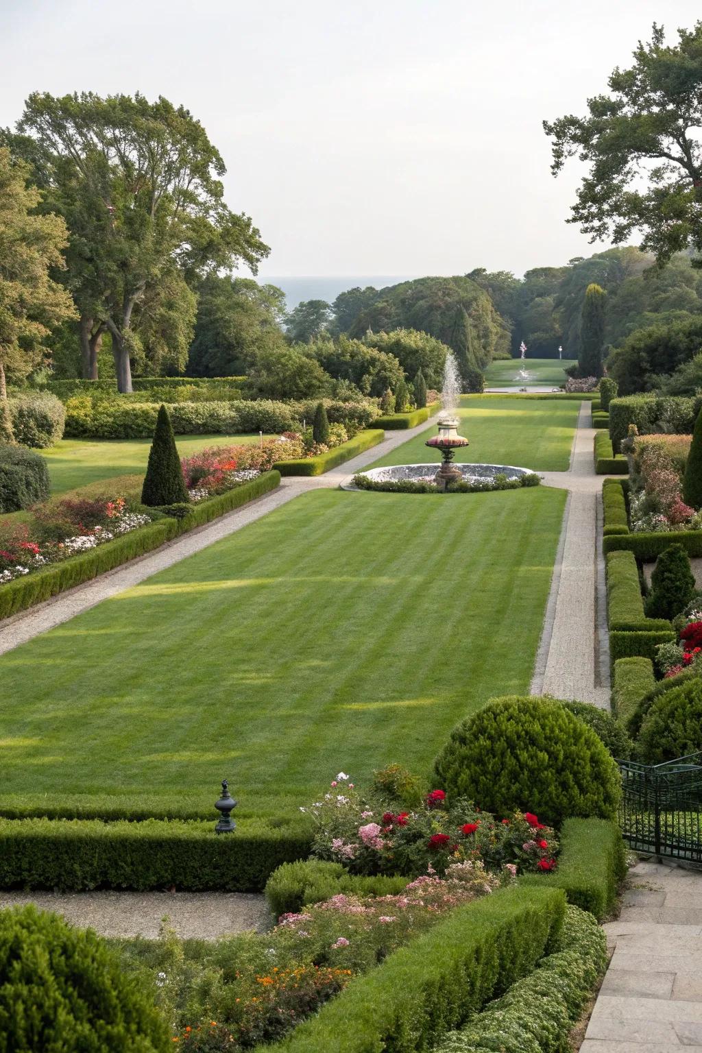 A lush green lawn serves as a perfect backdrop for garden features.