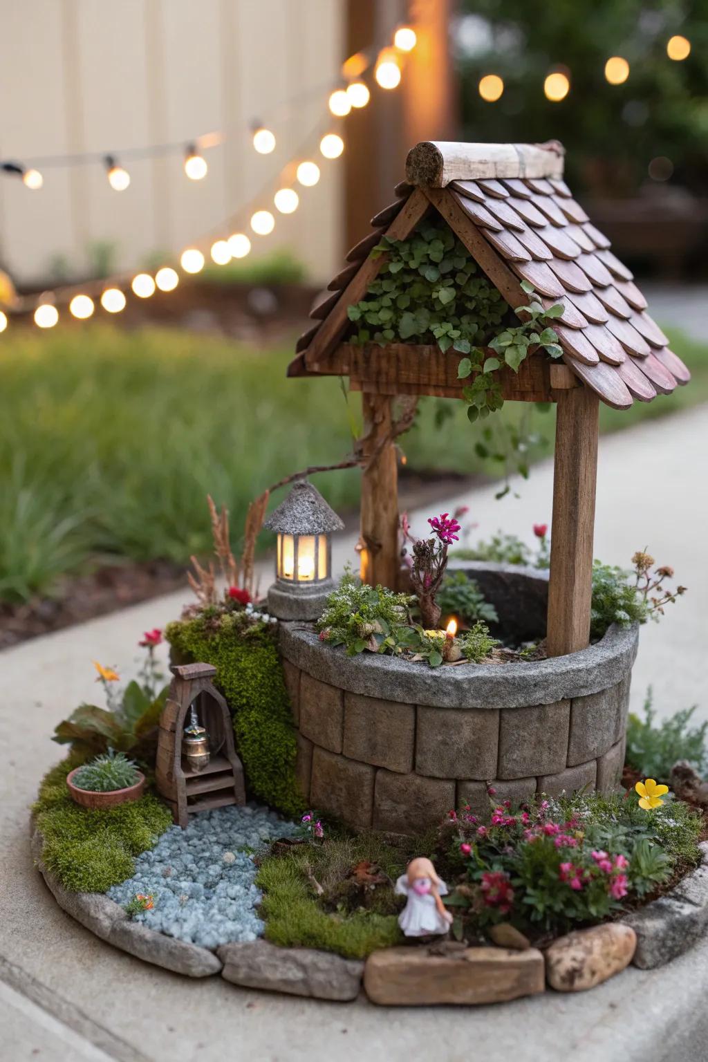 A whimsical fairy garden featuring a charming wishing well.