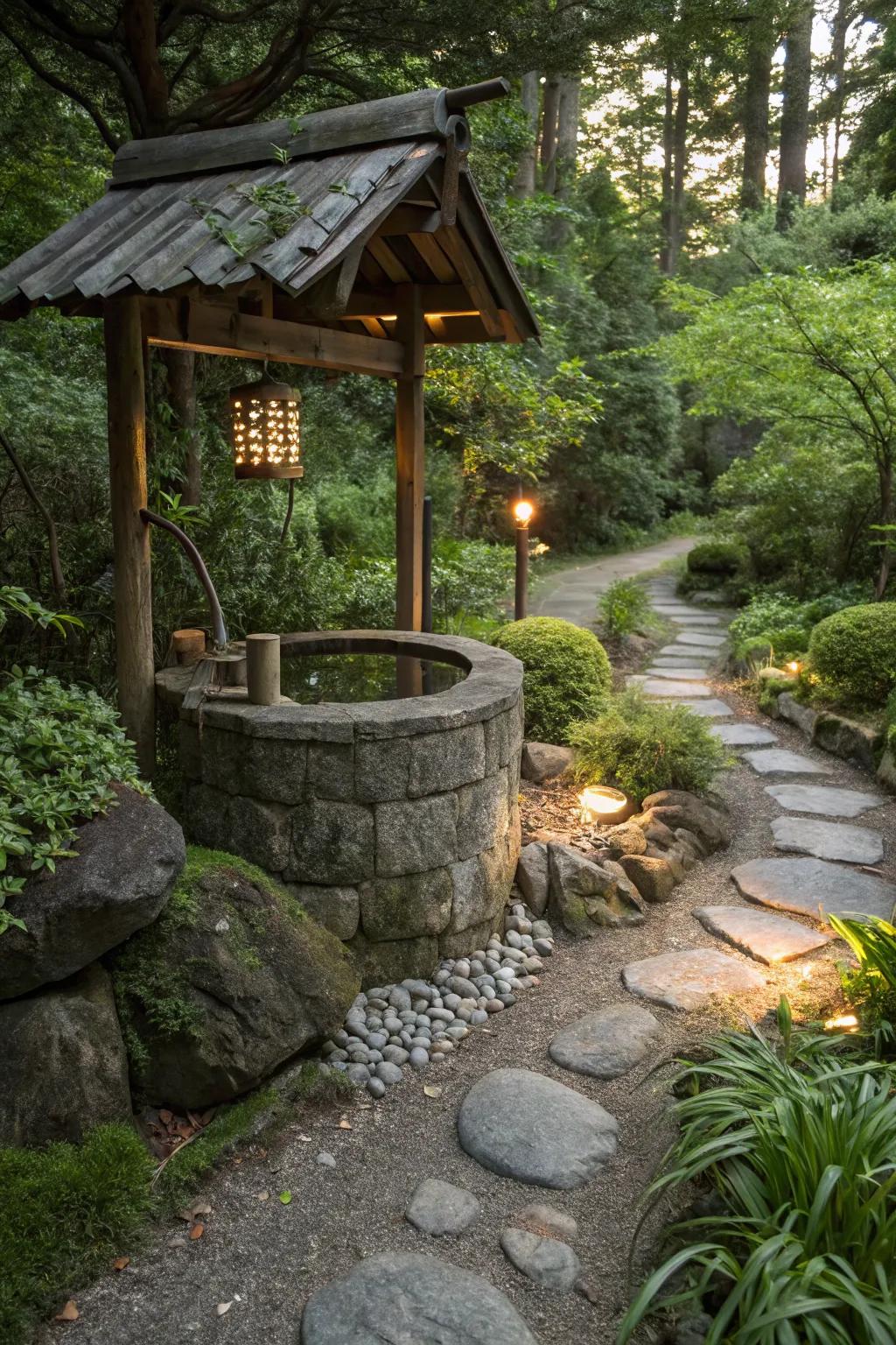 Wishing wells bring calm to meditation gardens.