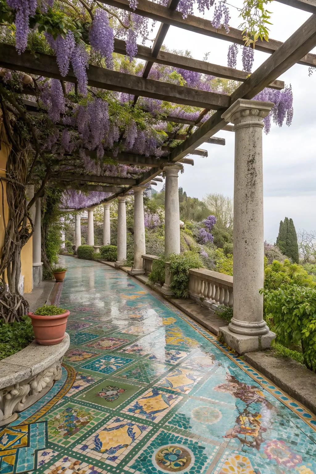 A garden oasis with vibrant mosaic flooring and cascading wisteria.