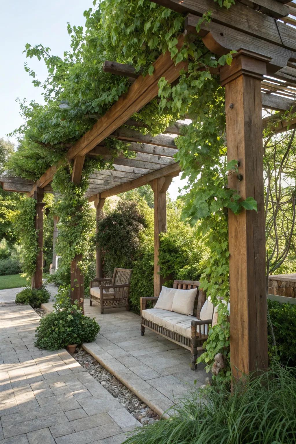 Pergola-style wooden arbor providing shaded outdoor living space.