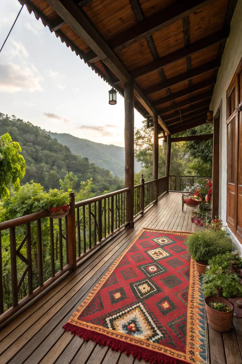 Define your balcony space with a striking outdoor rug.