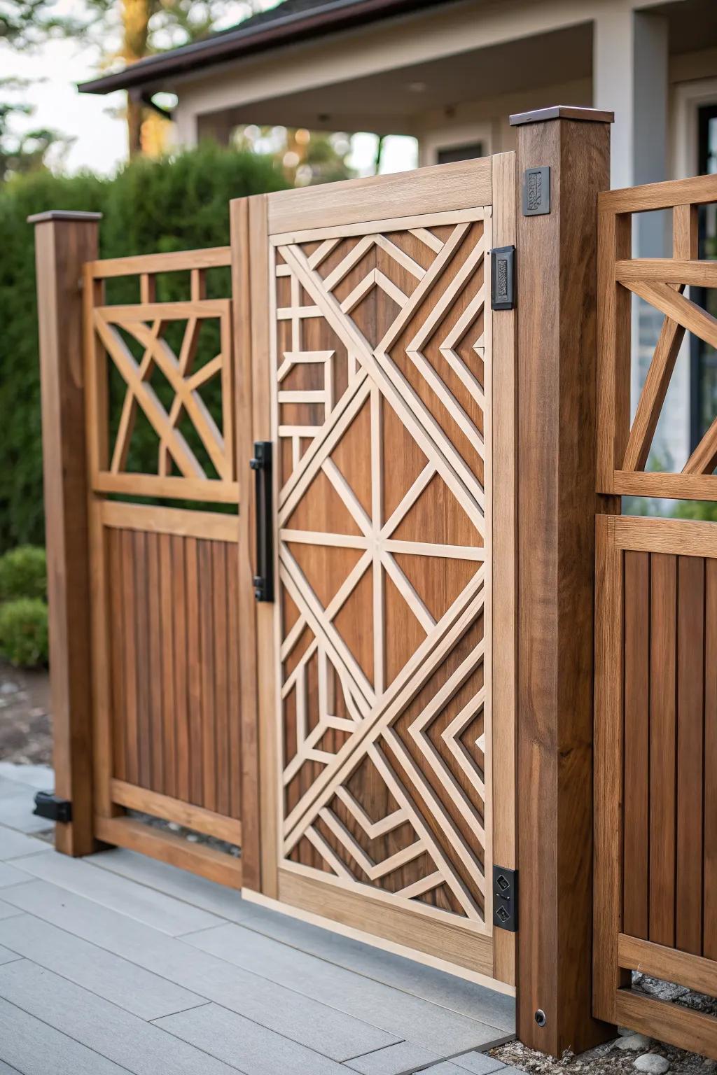 A striking geometric-patterned gate that stands out as a modern art piece.