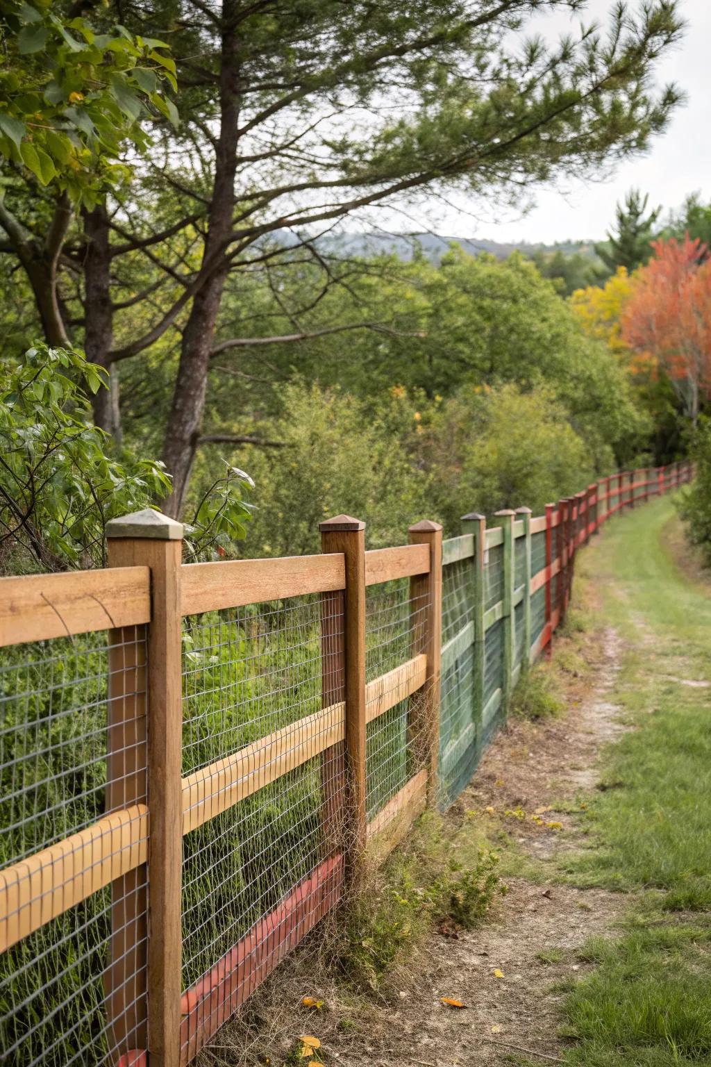 Wood and wire mesh fence blending with the natural surroundings.
