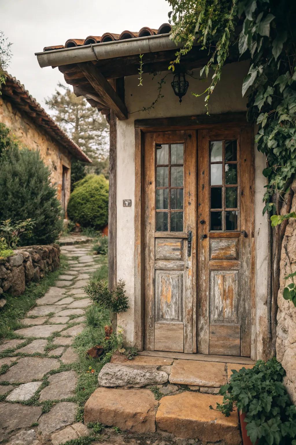 Vintage distressed look for a charming wooden door.