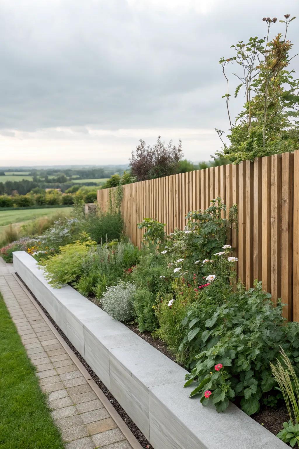 Vertical wood slats offer a sleek, contemporary look for garden edges.