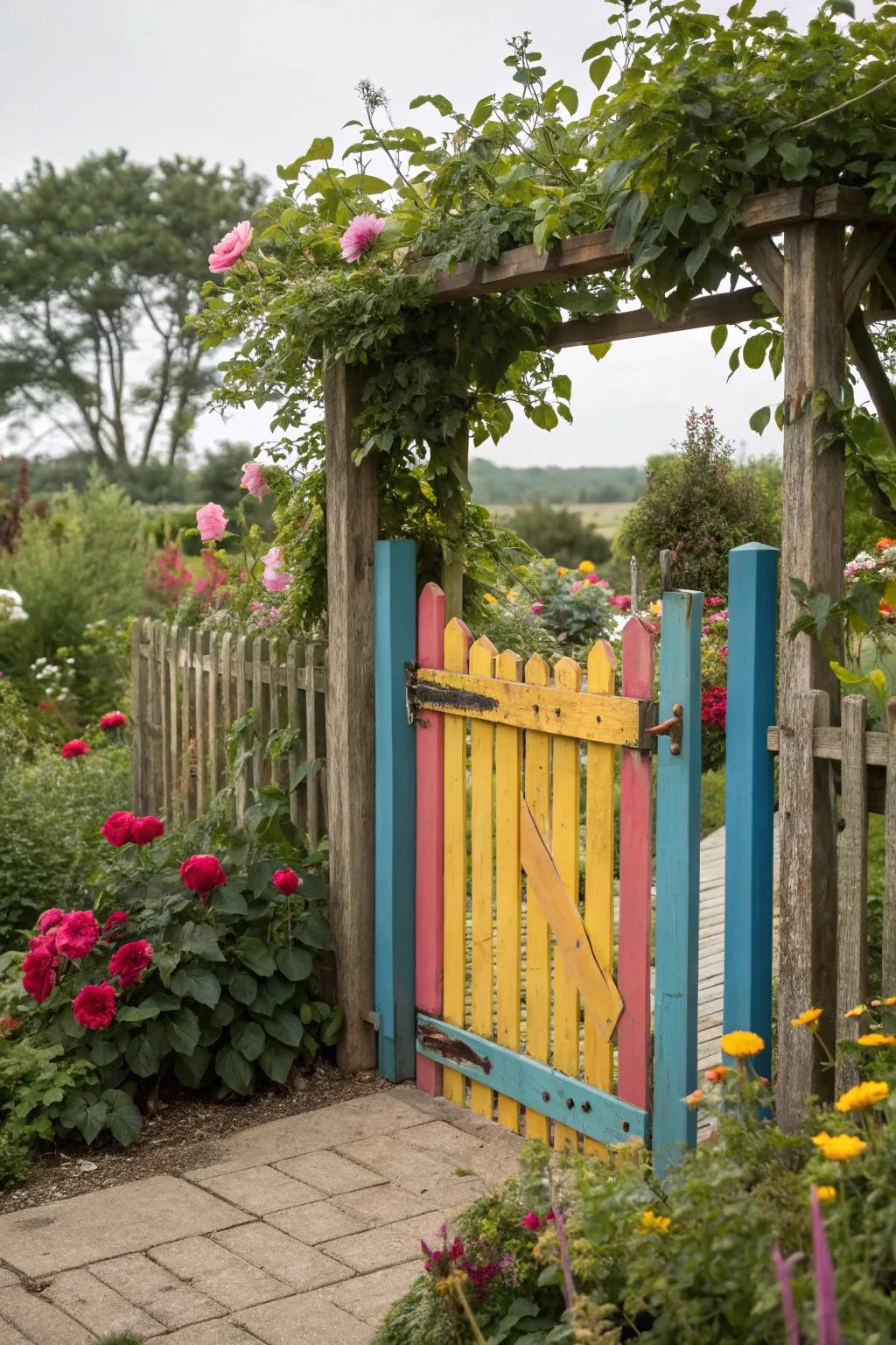 A colorful wooden gate that adds a bold touch to the garden entrance.