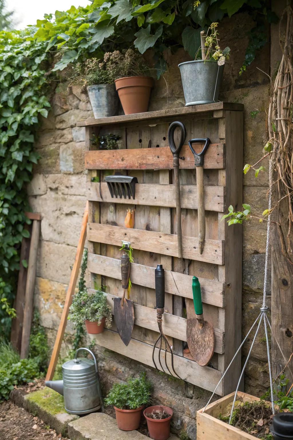 Stay organized with a pallet garden tool organizer.