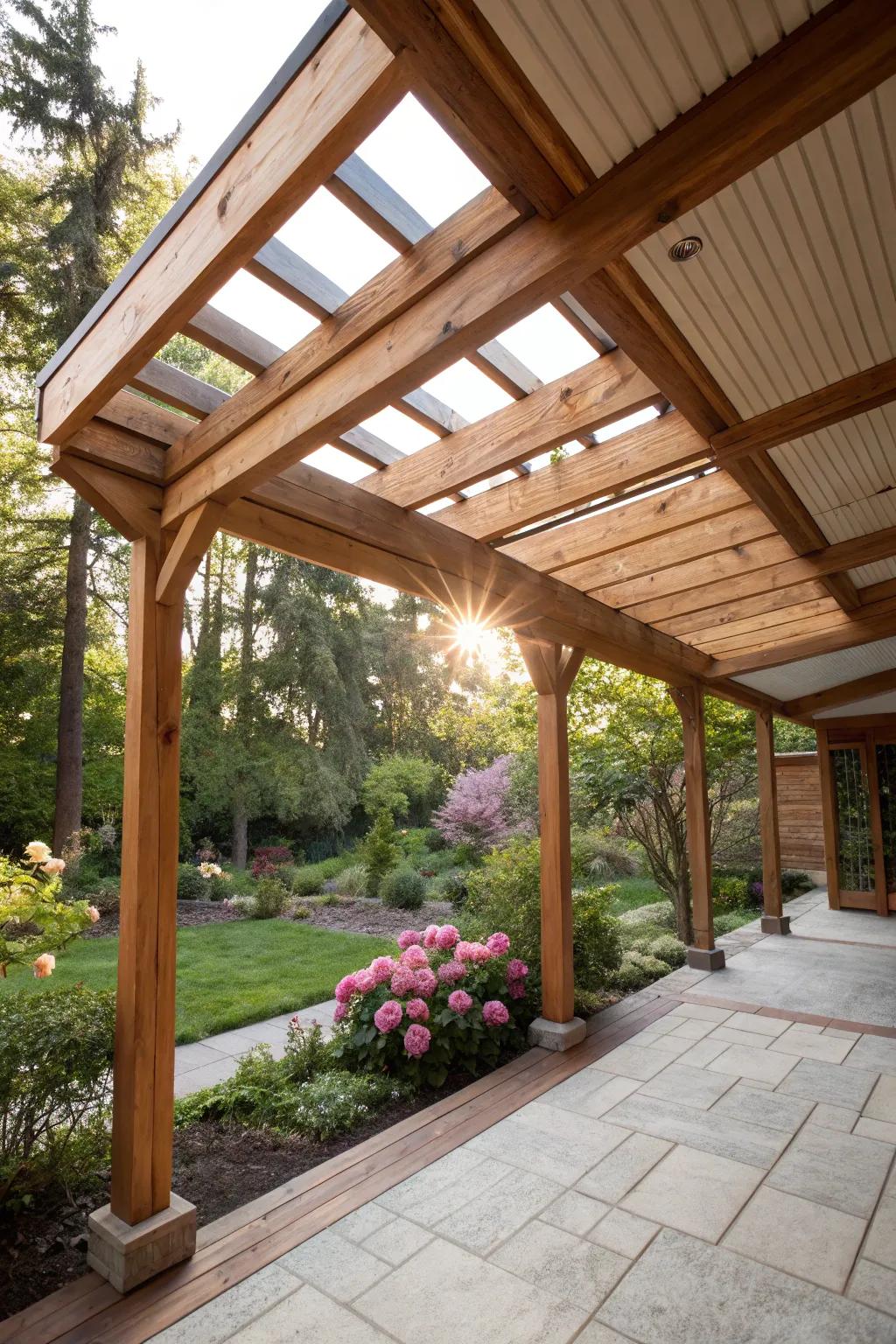 Skylights offer a perfect blend of shade and natural light under a wood patio cover.