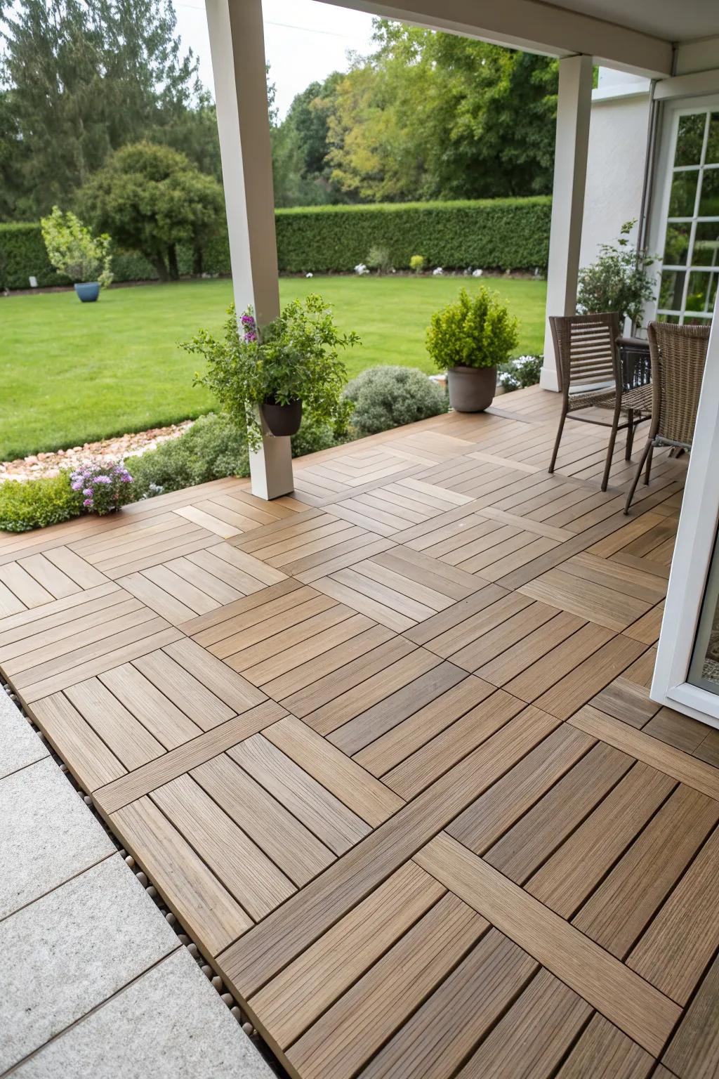 A wooden patio deck featuring versatile and stylish deck tiles.