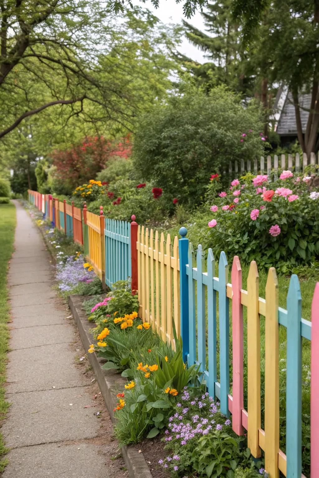 Colorful pickets bring a playful vibe to this garden fence.