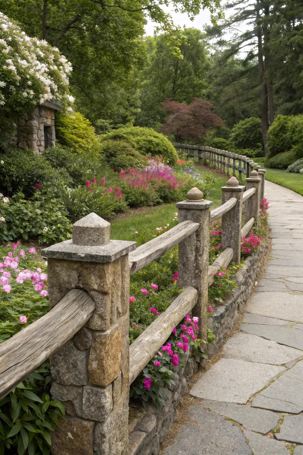 Stone and wood create a durable and beautiful fence.