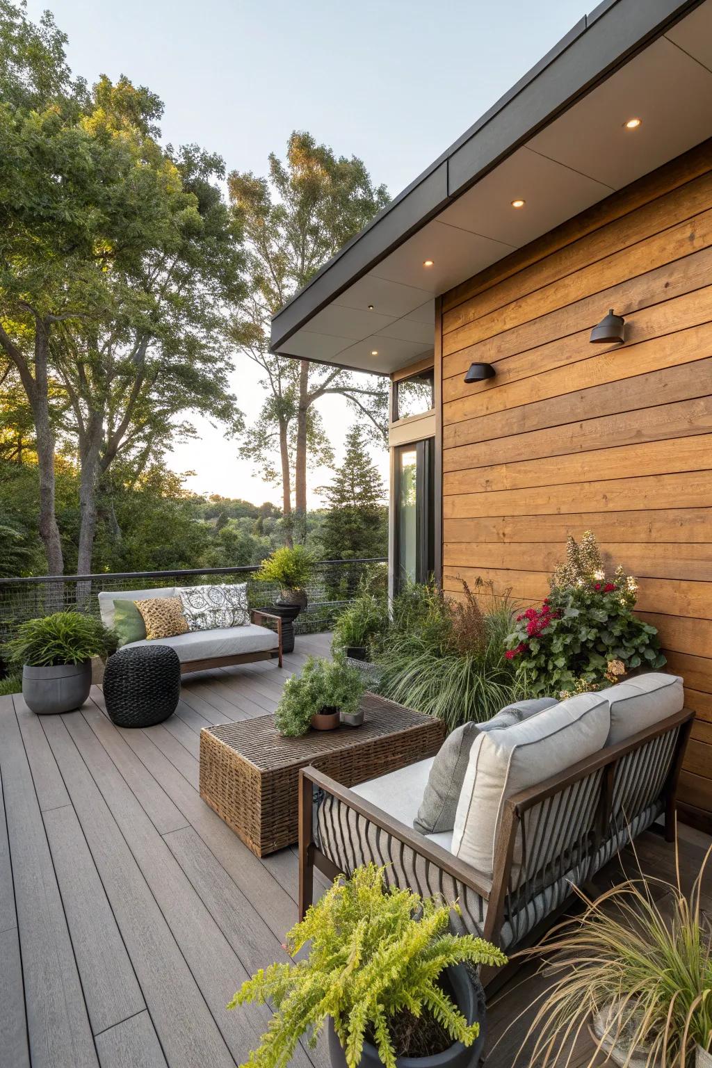 Wood accent walls create focal points.