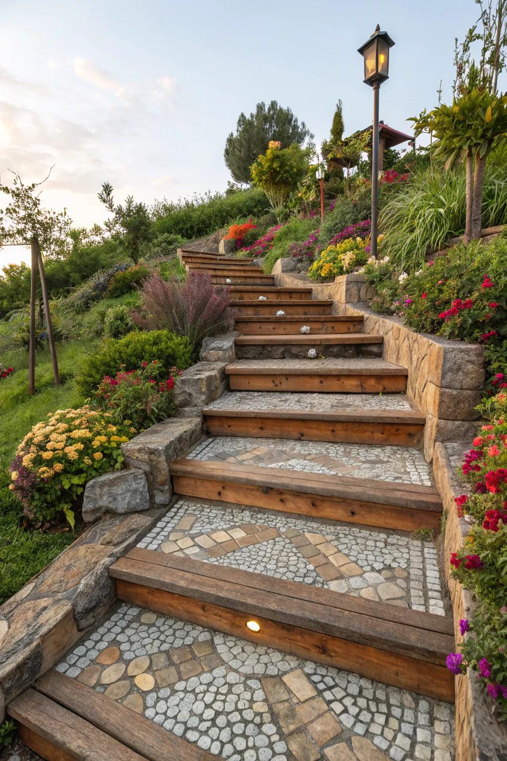 Mosaic patterned steps adding an artistic flair to the garden.